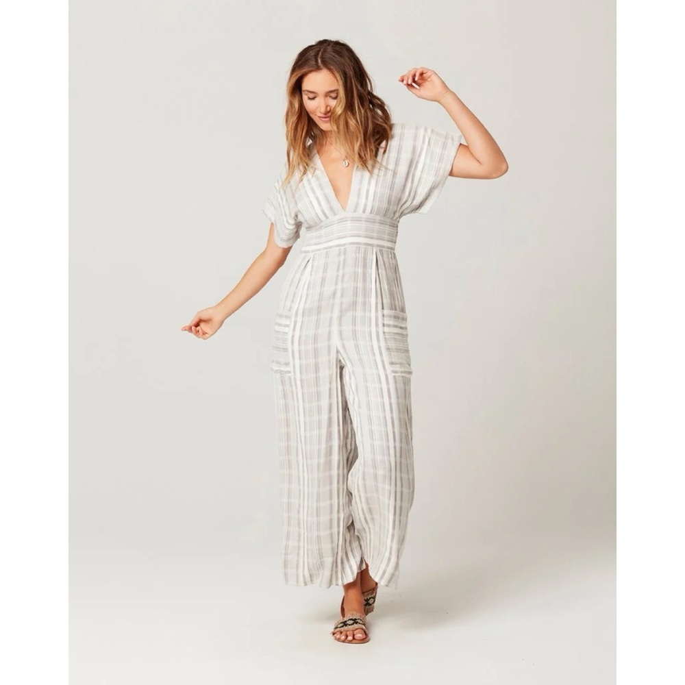 l*space Cream and Light Gray Striped V-Neck Jumpsuit